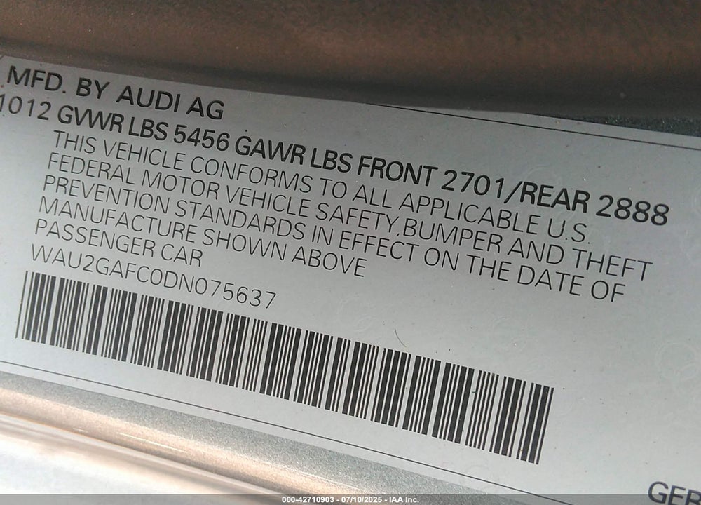 2013 AUDI A7 VIN: WAU2GAFC0DN075637