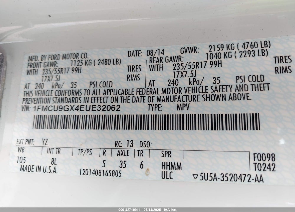 2014 FORD ESCAPE VIN: 1FMCU9GX4EUE32062