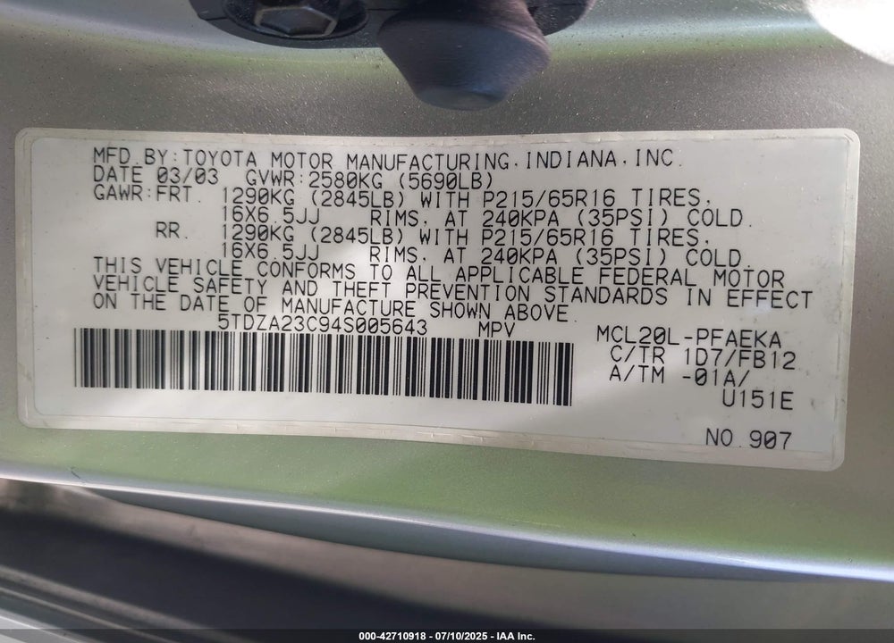 2004 TOYOTA SIENNA LE VIN: 5TDZA23C94S005643