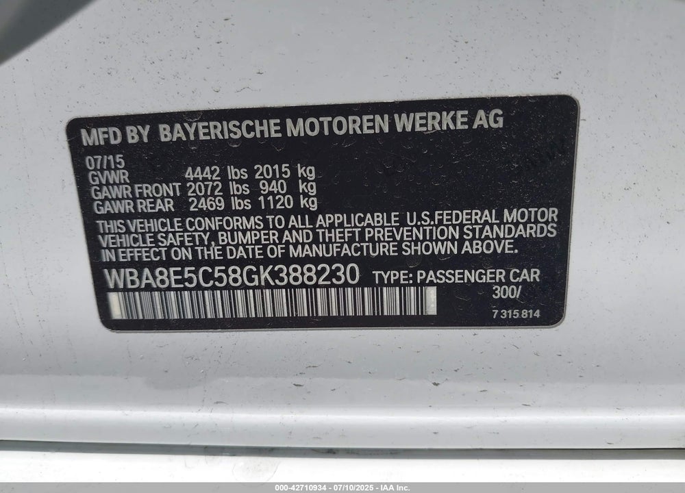 2016 BMW 328D VIN: WBA8E5C58GK388230