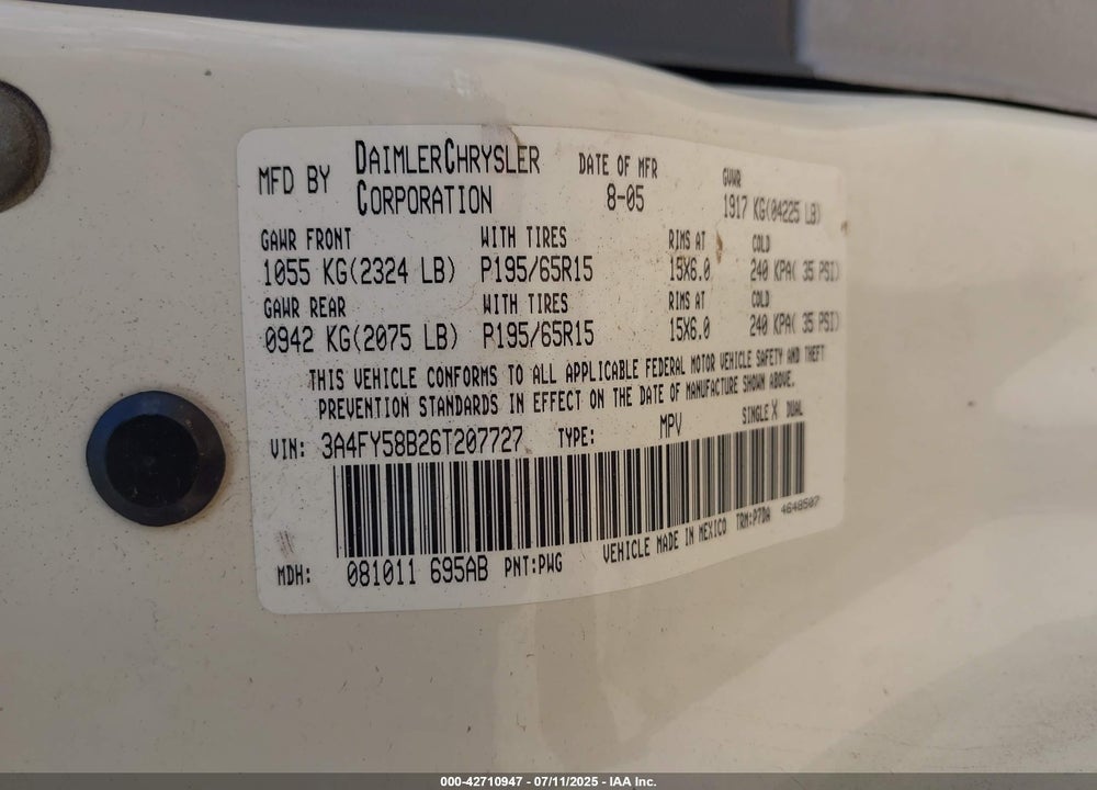 2006 CHRYSLER PT CRUISER VIN: 3A4FY58B26T207727
