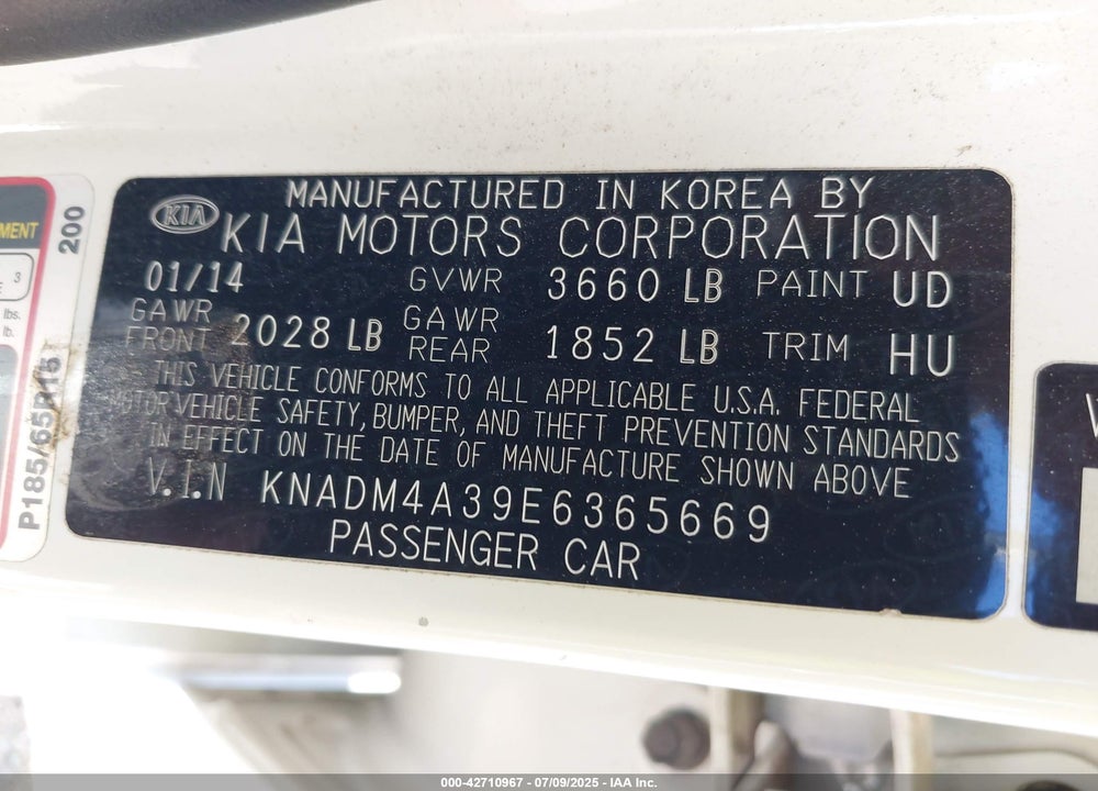 2014 KIA RIO VIN: KNADM4A39E6365669