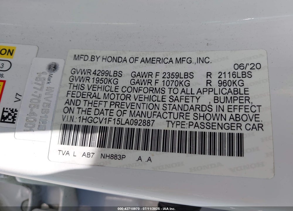 2020 HONDA ACCORD LX VIN: 1HGCV1F15LA092887