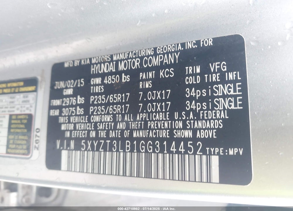 2016 HYUNDAI SANTA FE VIN: 5XYZT3LB1GG314452