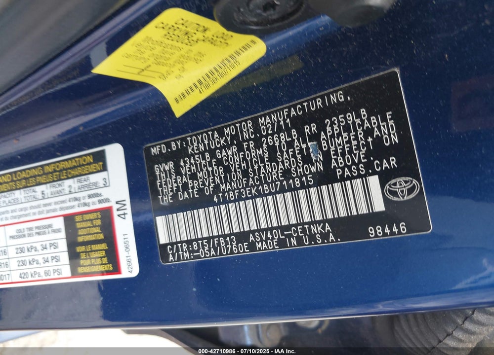 2011 TOYOTA CAMRY VIN: 4T1BF3EK1BU711815