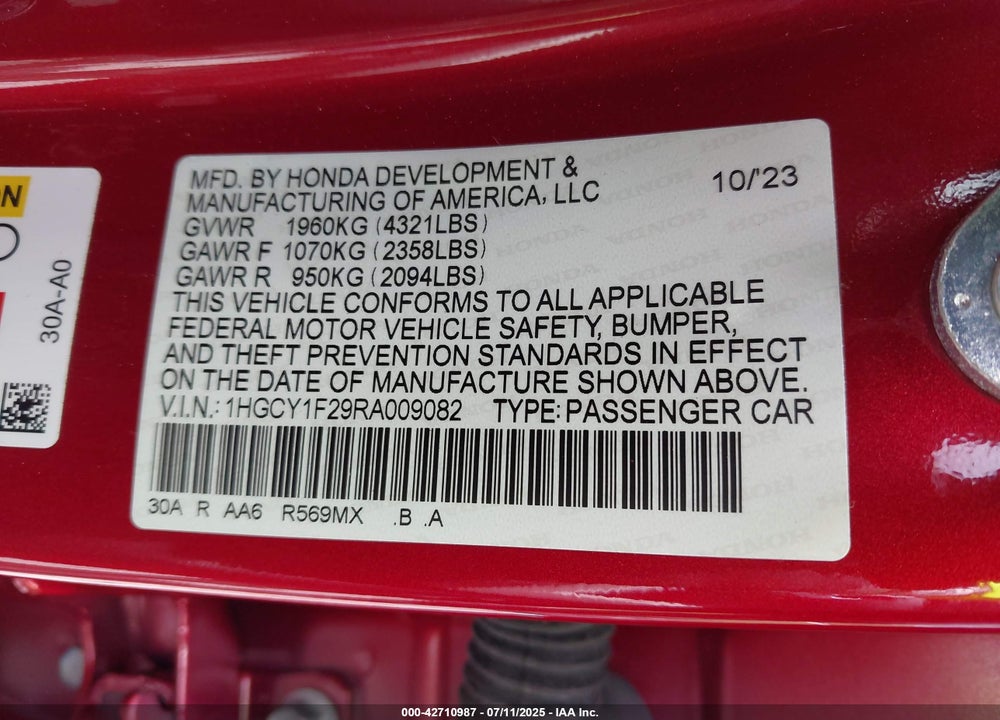 2024 HONDA ACCORD VIN: 1HGCY1F29RA009082