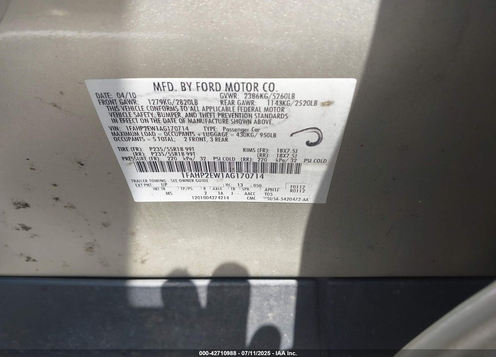 2010 FORD TAURUS VIN: 1FAHP2EW1AG170714