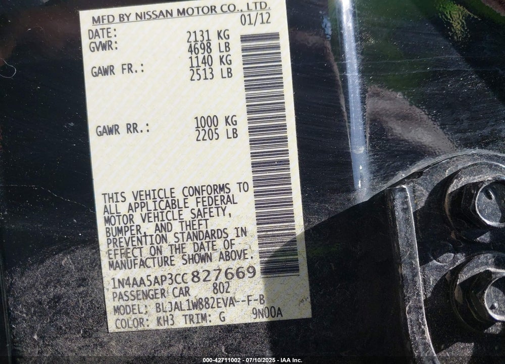 2012 NISSAN MAXIMA VIN: 1N4AA5AP3CC827669