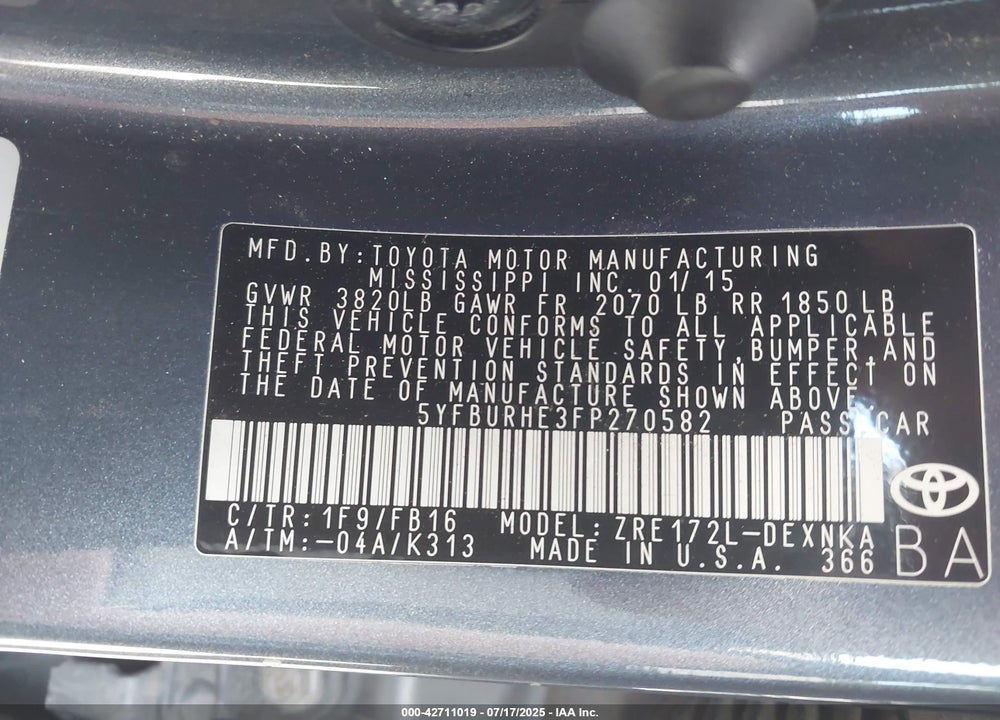 2015 TOYOTA COROLLA VIN: 5YFBURHE3FP270582
