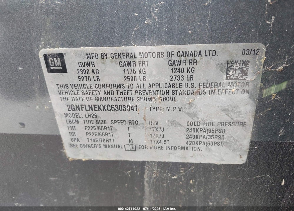 2012 CHEVROLET EQUINOX VIN: 2GNFLNEKXC6303041