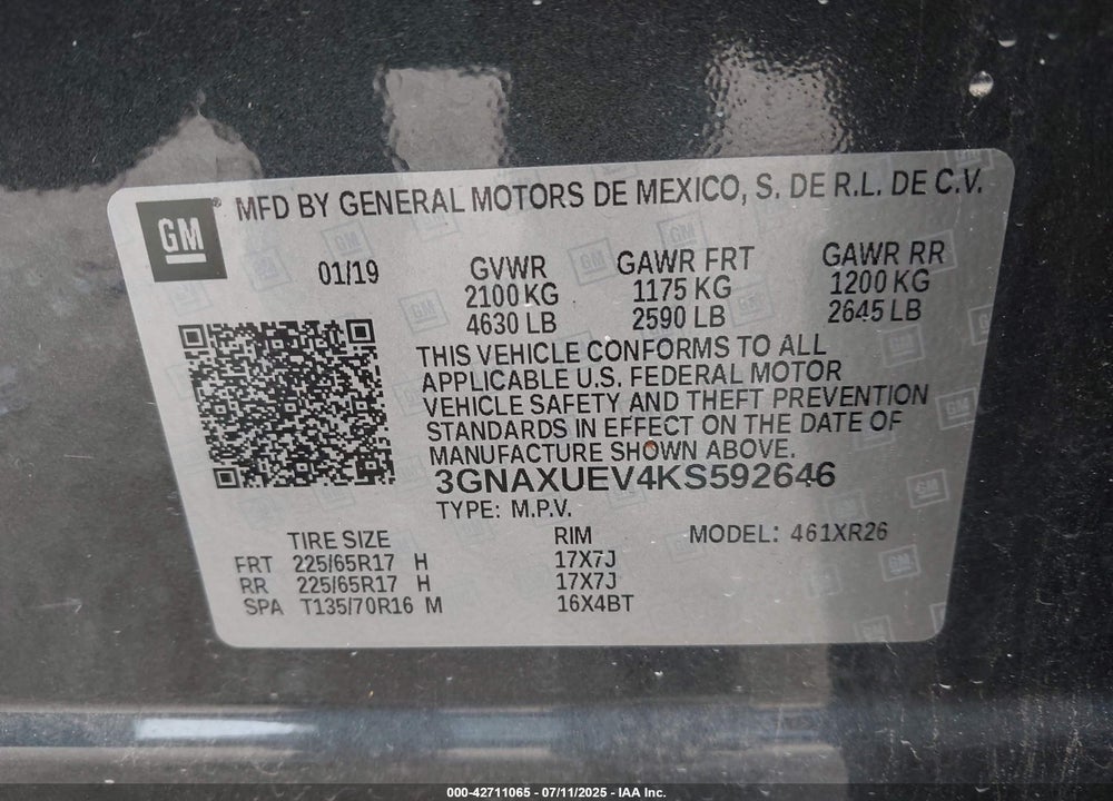 2019 CHEVROLET EQUINOX VIN: 3GNAXUEV4KS592646
