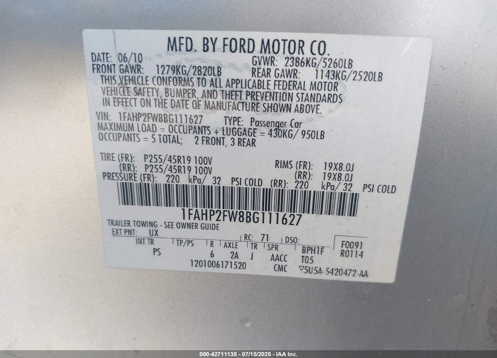 2011 FORD TAURUS VIN: 1FAHP2FW8BG111627