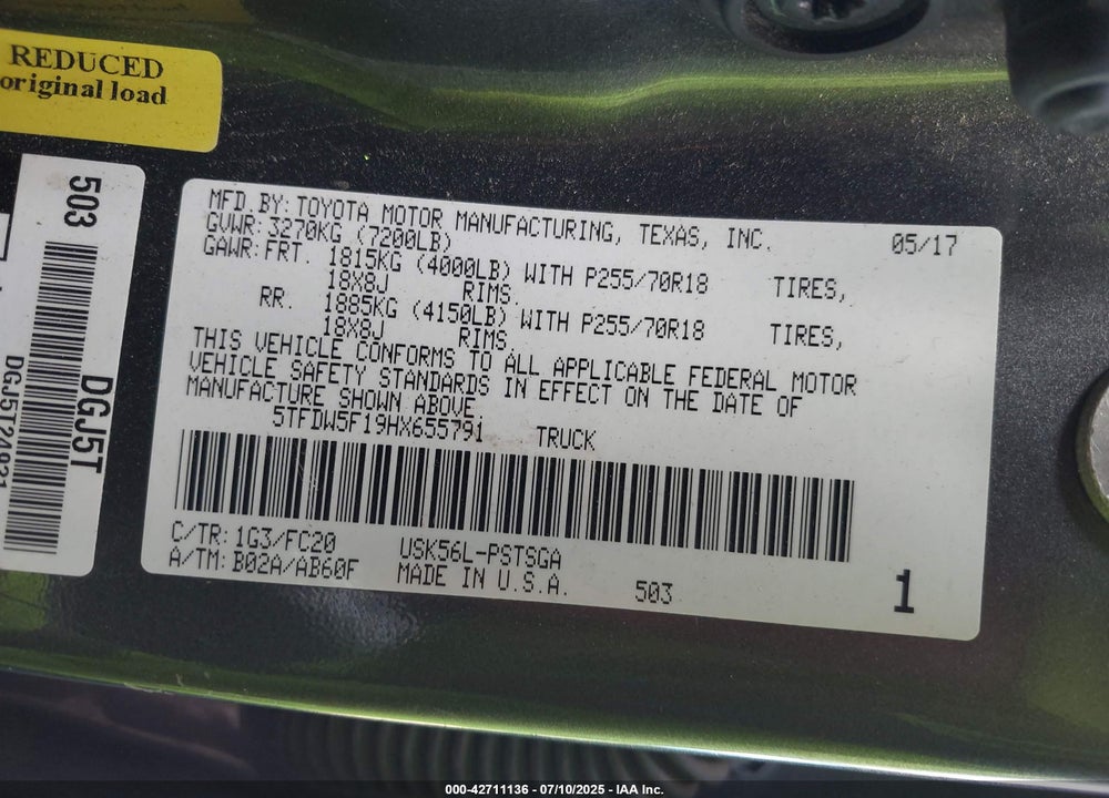 2017 TOYOTA TUNDRA VIN: 5TFDW5F19HX655791