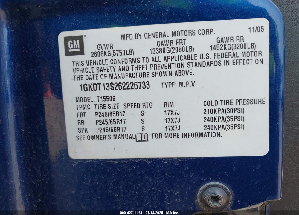 2006 GMC ENVOY VIN: 1GKDT13S262226733