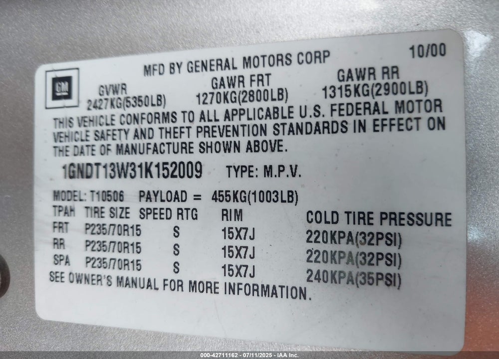 2001 CHEVROLET BLAZER LT VIN: 1GNDT13W31K152009