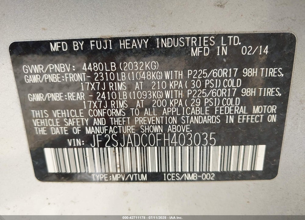 2015 SUBARU FORESTER VIN: JF2SJADC0FH403035