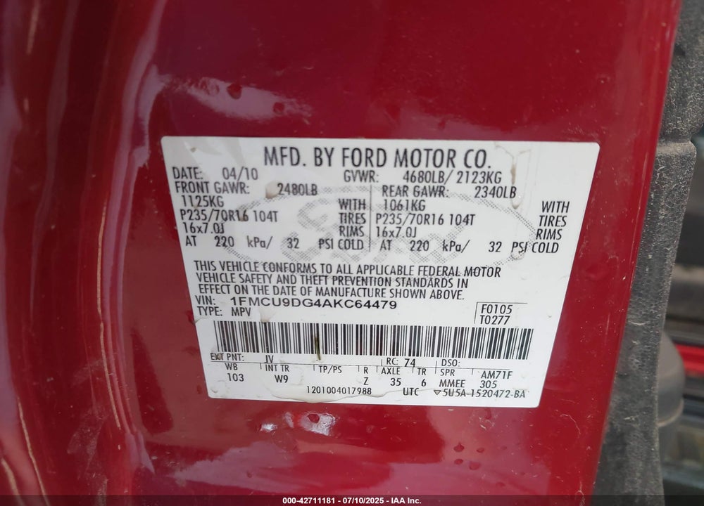 2010 FORD ESCAPE XLT VIN: 1FMCU9DG4AKC64479