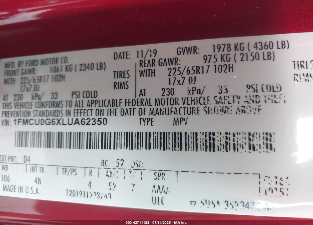 2020 FORD ESCAPE VIN: 1FMCU0G6XLUA62350