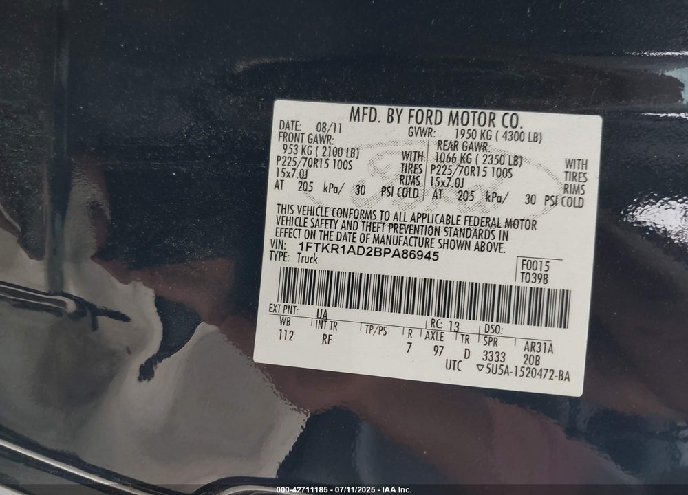 2011 FORD RANGER VIN: 1FTKR1AD2BPA86945