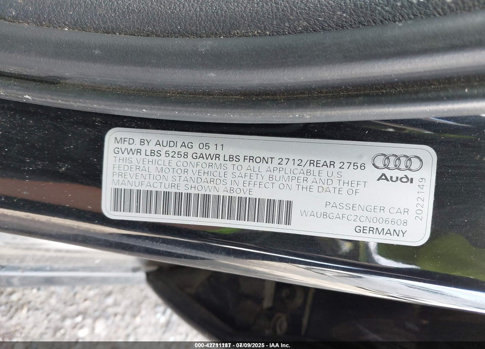 2012 AUDI A6 VIN: WAUBGAFC2CN006608