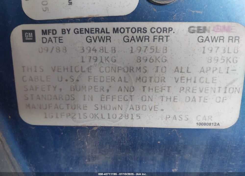 1989 CHEVROLET CAMARO VIN: 1G1FP21S0KL102815