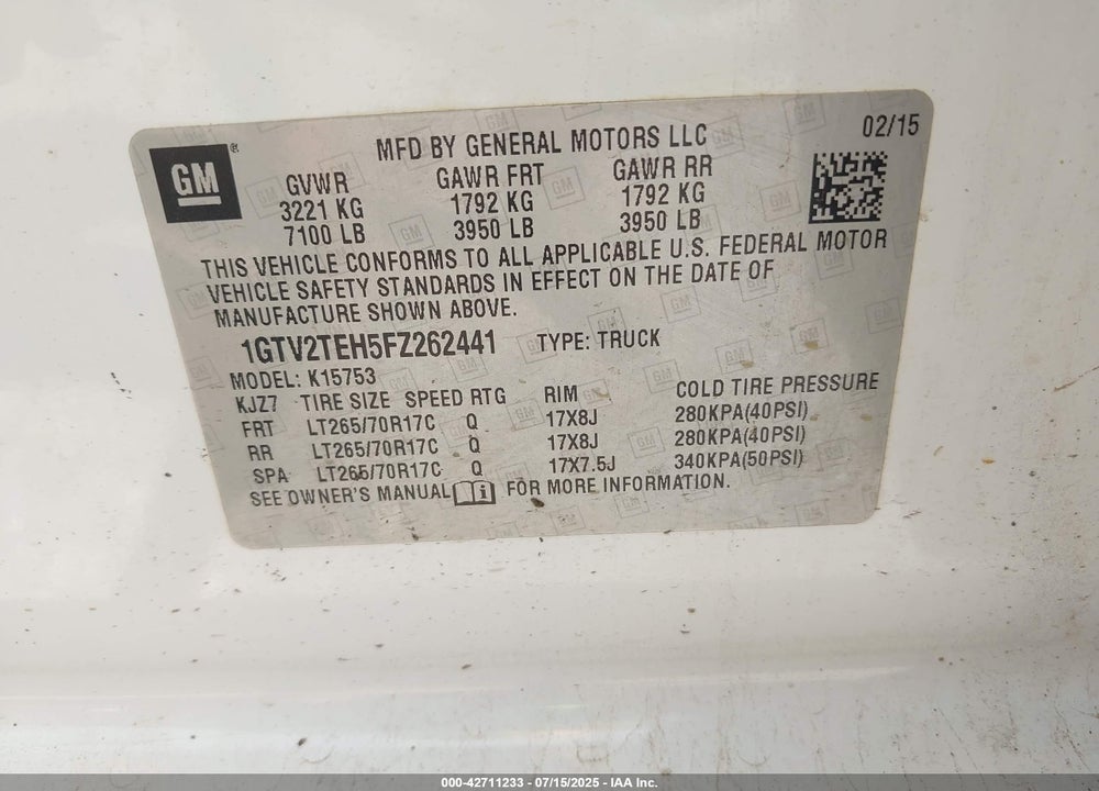 2015 GMC SIERRA 1500 VIN: 1GTV2TEH5FZ262441