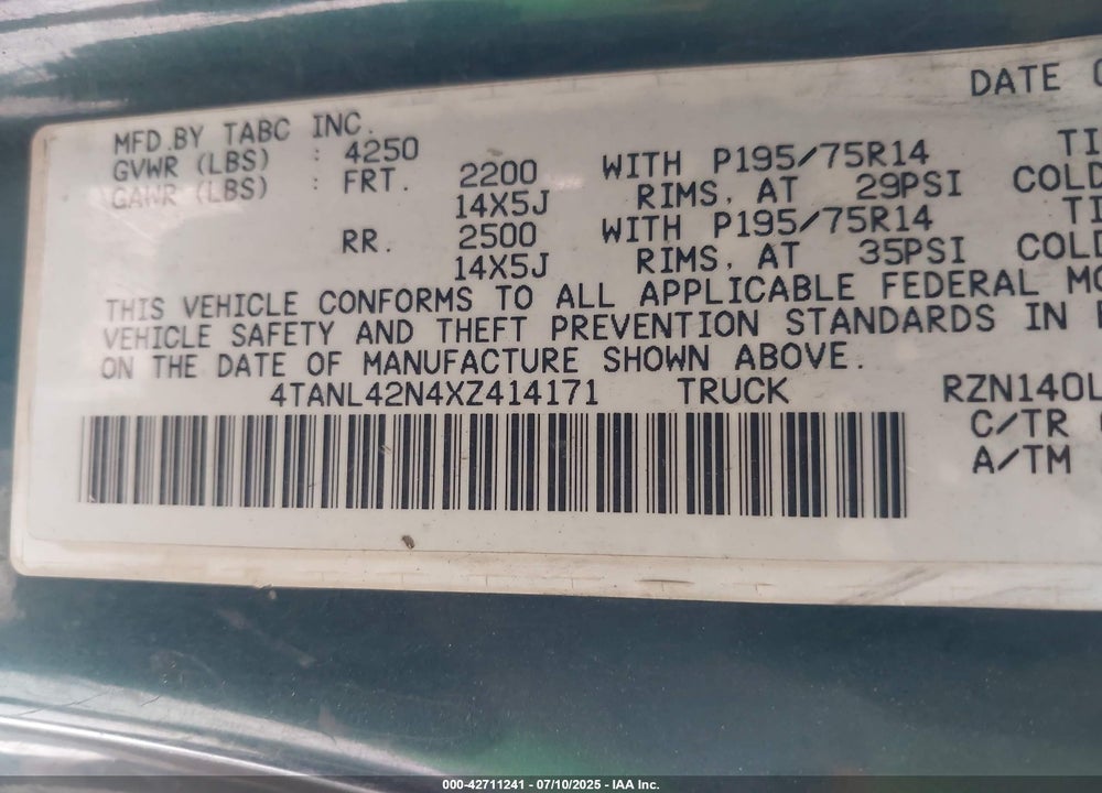1999 TOYOTA TACOMA VIN: 4TANL42N4XZ414171