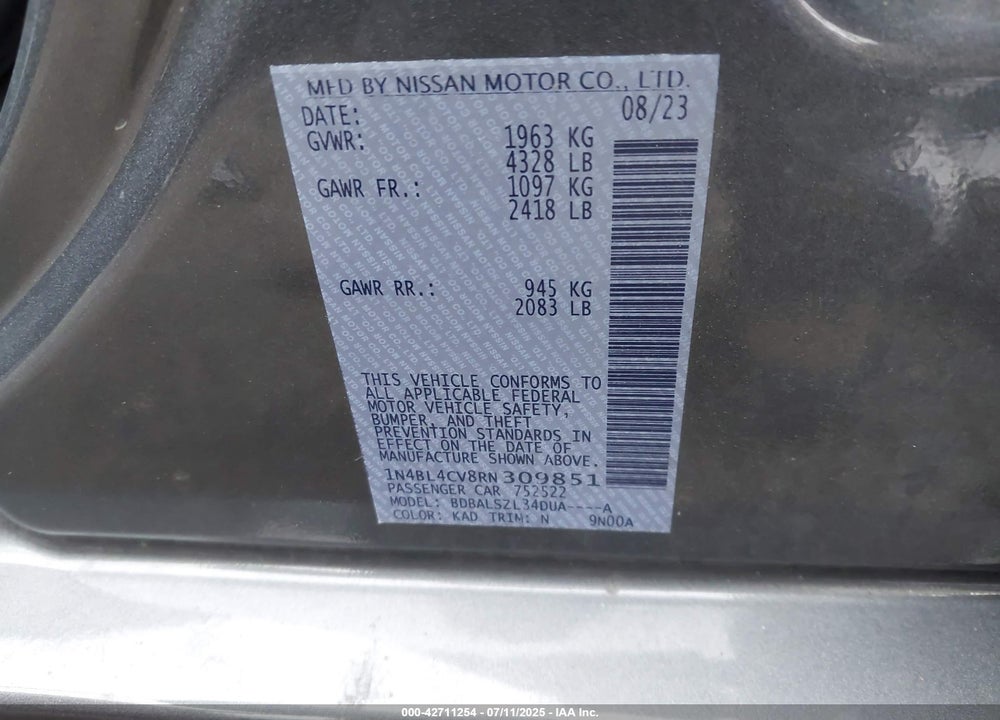 2024 NISSAN ALTIMA VIN: 1N4BL4CV8RN309851