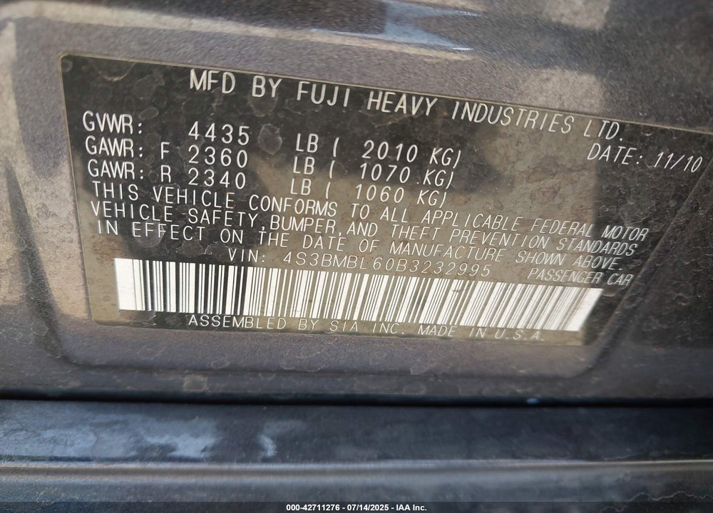 2011 SUBARU LEGACY VIN: 4S3BMBL60B3232995