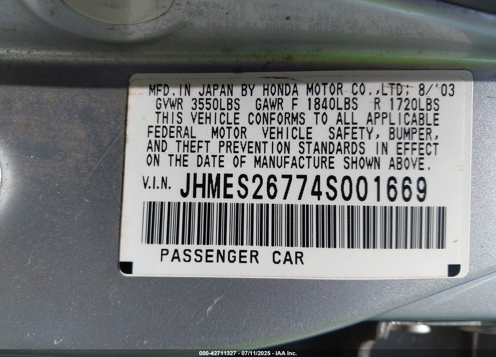 2004 HONDA CIVIC EX VIN: JHMES26774S001669