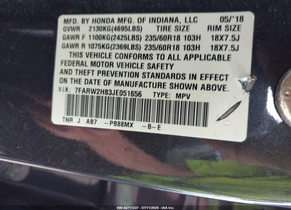 2018 HONDA CR-V VIN: 7FARW2H83JE051656