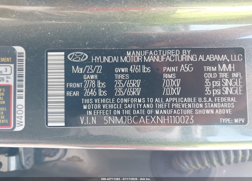 2022 HYUNDAI TUCSON VIN: 5NMJBCAEXNH110023