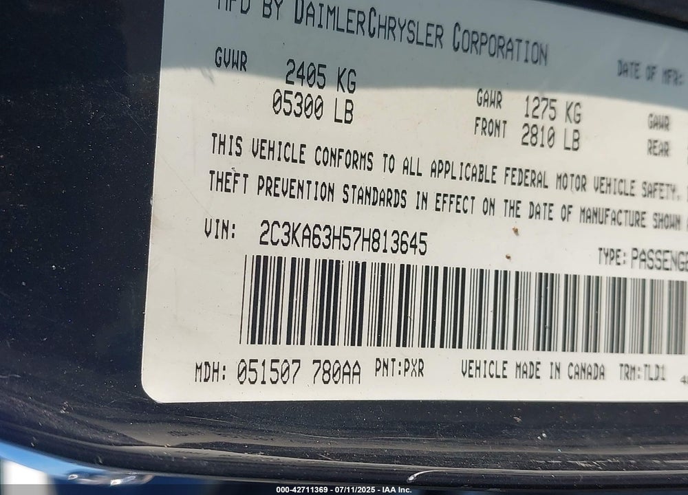 2007 CHRYSLER 300C VIN: 2C3KA63H57H813645