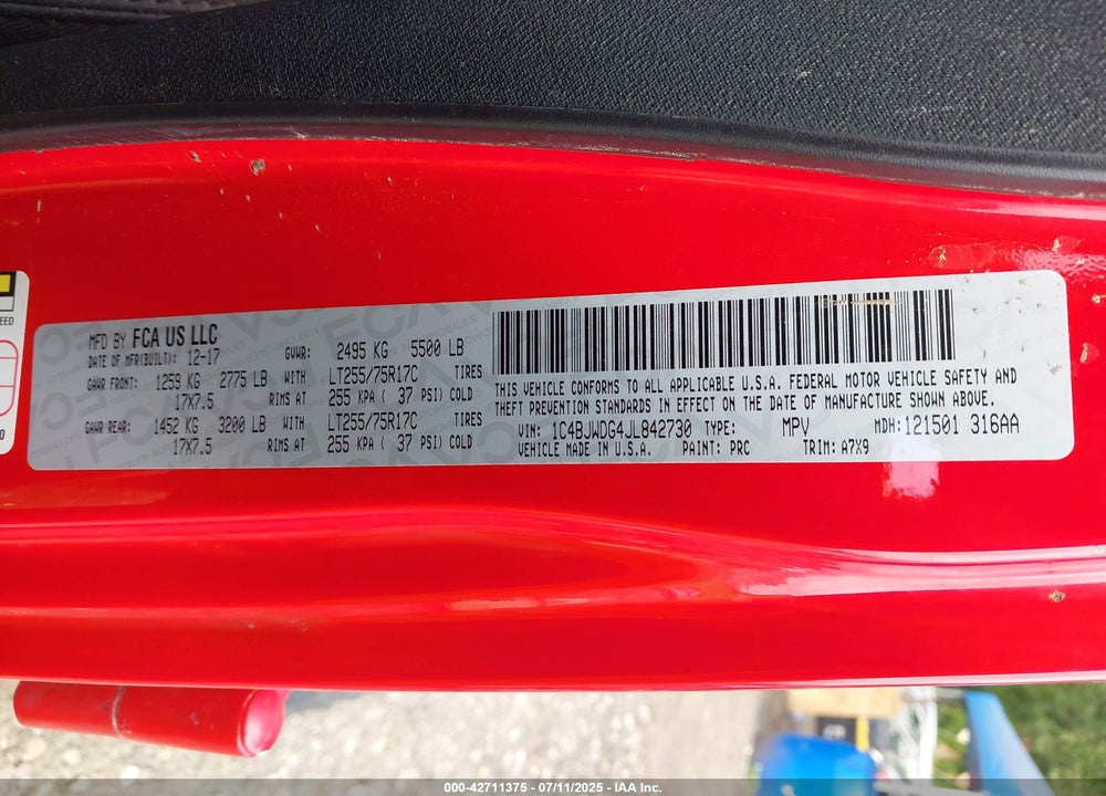 2018 JEEP WRANGLER JK UNLIMITED VIN: 1C4BJWDG4JL842730