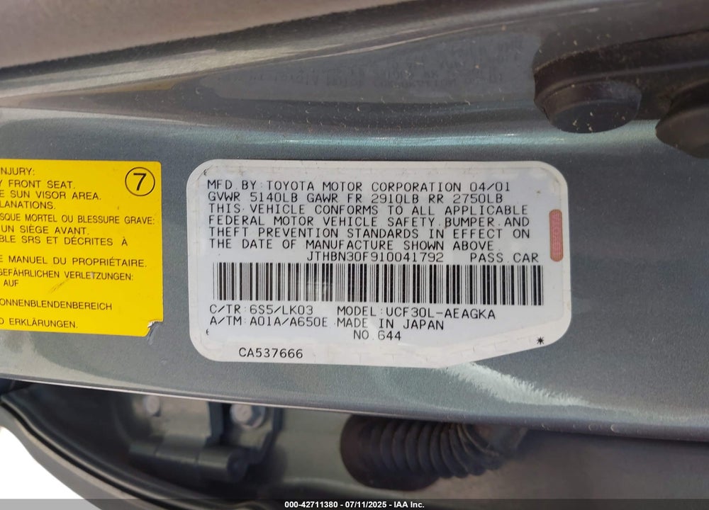 2001 LEXUS LS 430 VIN: JTHBN30F910041792