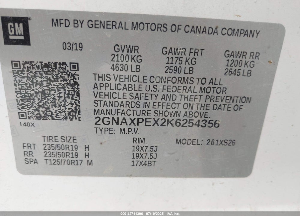 2019 CHEVROLET EQUINOX PREMIER VIN: 2GNAXPEX2K6254356