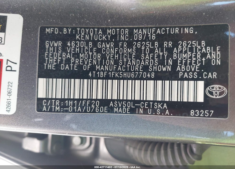 2017 TOYOTA CAMRY VIN: 4T1BF1FK5HU677048