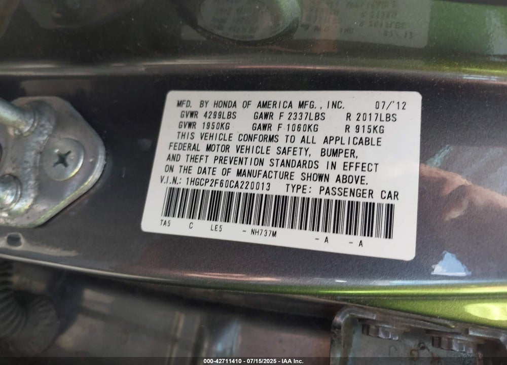 2012 HONDA ACCORD 2.4 SE VIN: 1HGCP2F60CA220013