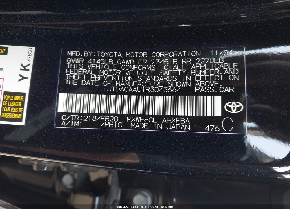 2024 TOYOTA PRIUS VIN: JTDACAAU1R3043664