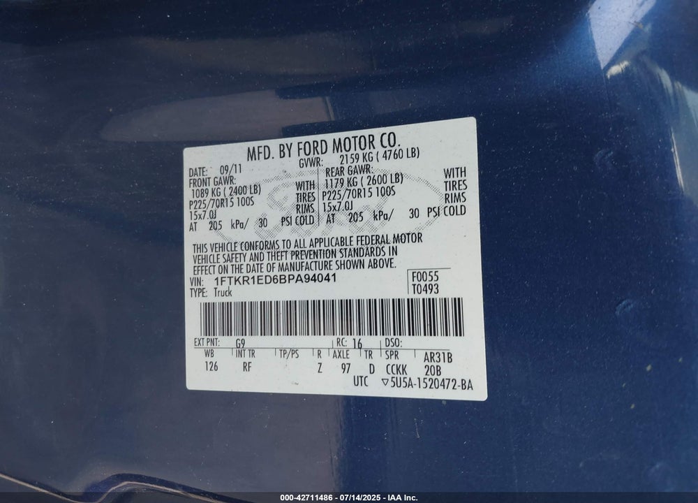2011 FORD RANGER VIN: 1FTKR1ED6BPA94041
