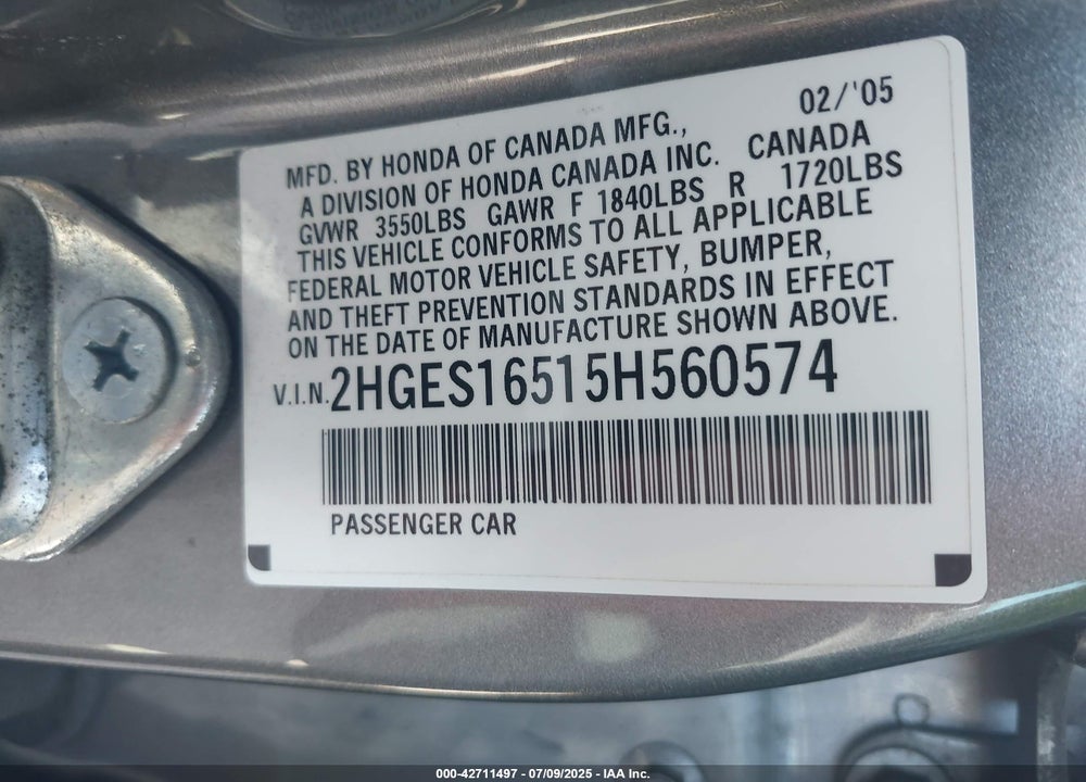 2005 HONDA CIVIC LX VIN: 2HGES16515H560574
