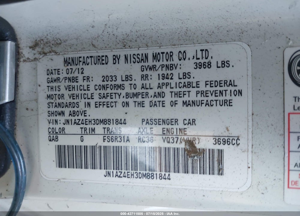 2013 NISSAN 370Z VIN: JN1AZ4EH3DM881844