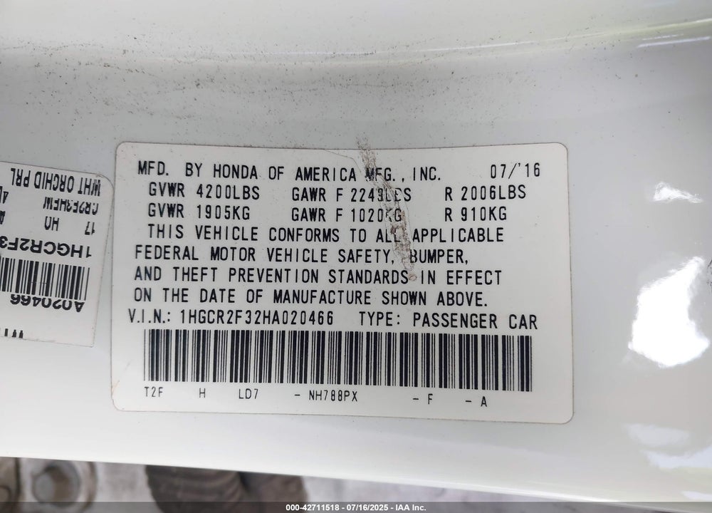 2017 HONDA ACCORD VIN: 1HGCR2F32HA020466