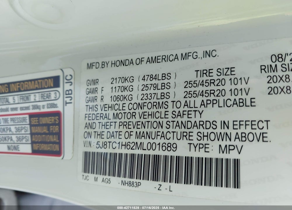 2021 ACURA RDX VIN: 5J8TC1H62ML001689