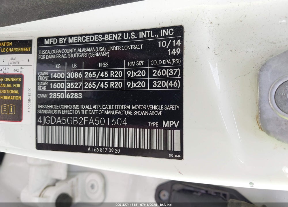 2015 MERCEDES-BENZ M-CLASS VIN: 4JGDA5GB2FA501604