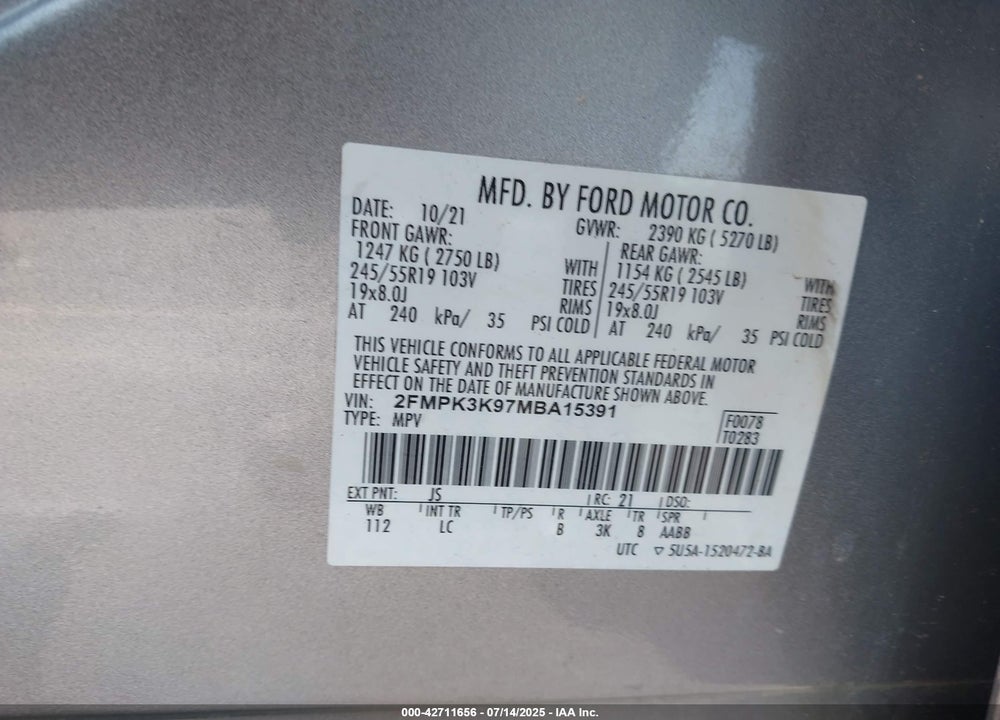 2021 FORD EDGE TITANIUM VIN: 2FMPK3K97MBA15391