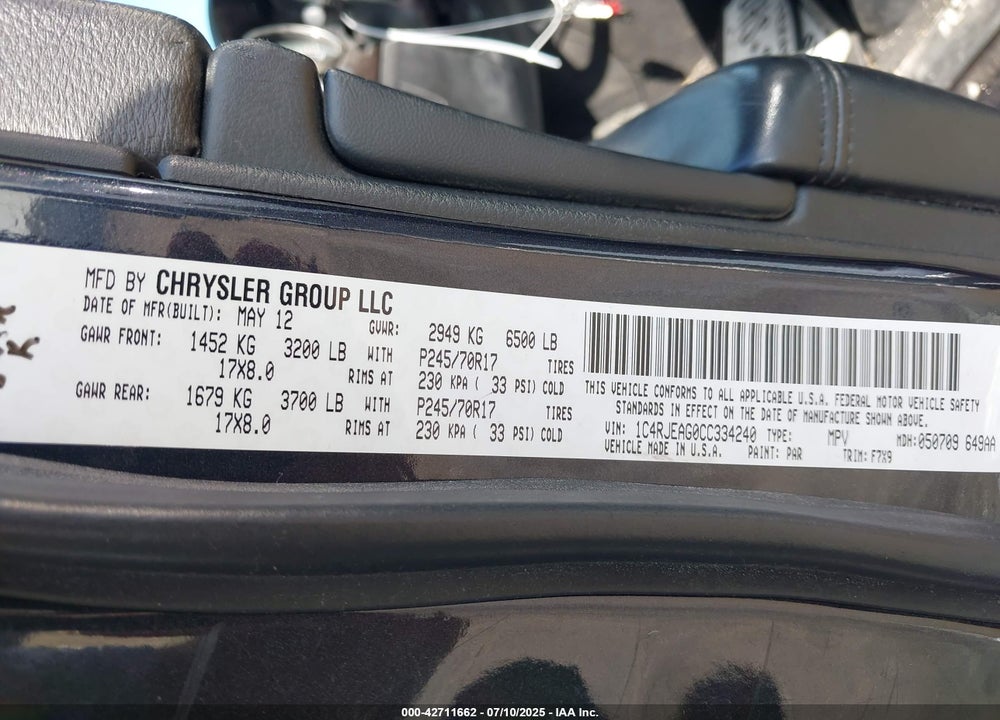 2012 JEEP GRAND CHEROKEE VIN: 1C4RJEAG0CC334240