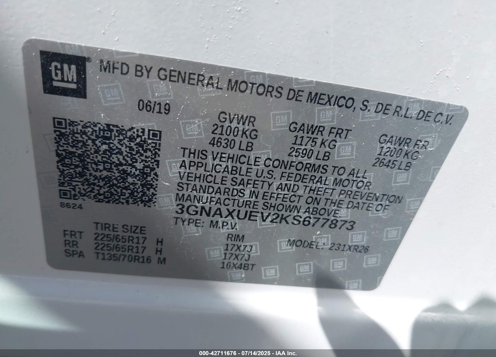 2019 CHEVROLET EQUINOX VIN: 3GNAXUEV2KS677873