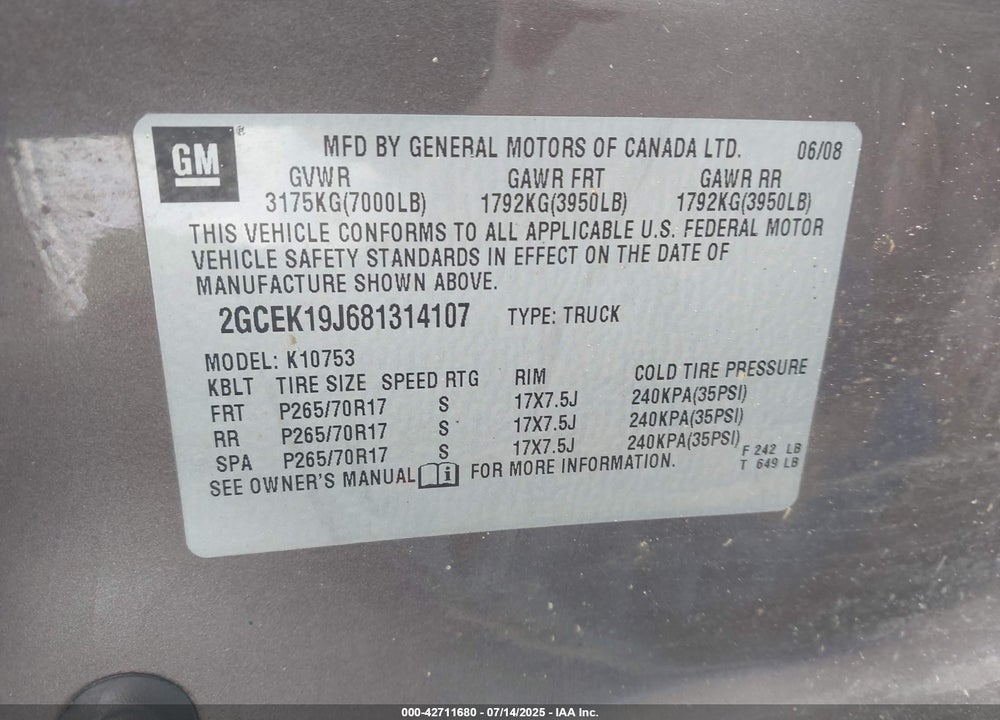 2008 CHEVROLET SILVERADO 1500 LT1 VIN: 2GCEK19J681314107