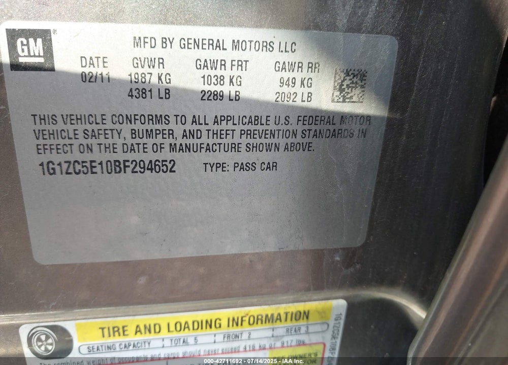 2011 CHEVROLET MALIBU 1LT VIN: 1G1ZC5E10BF294652